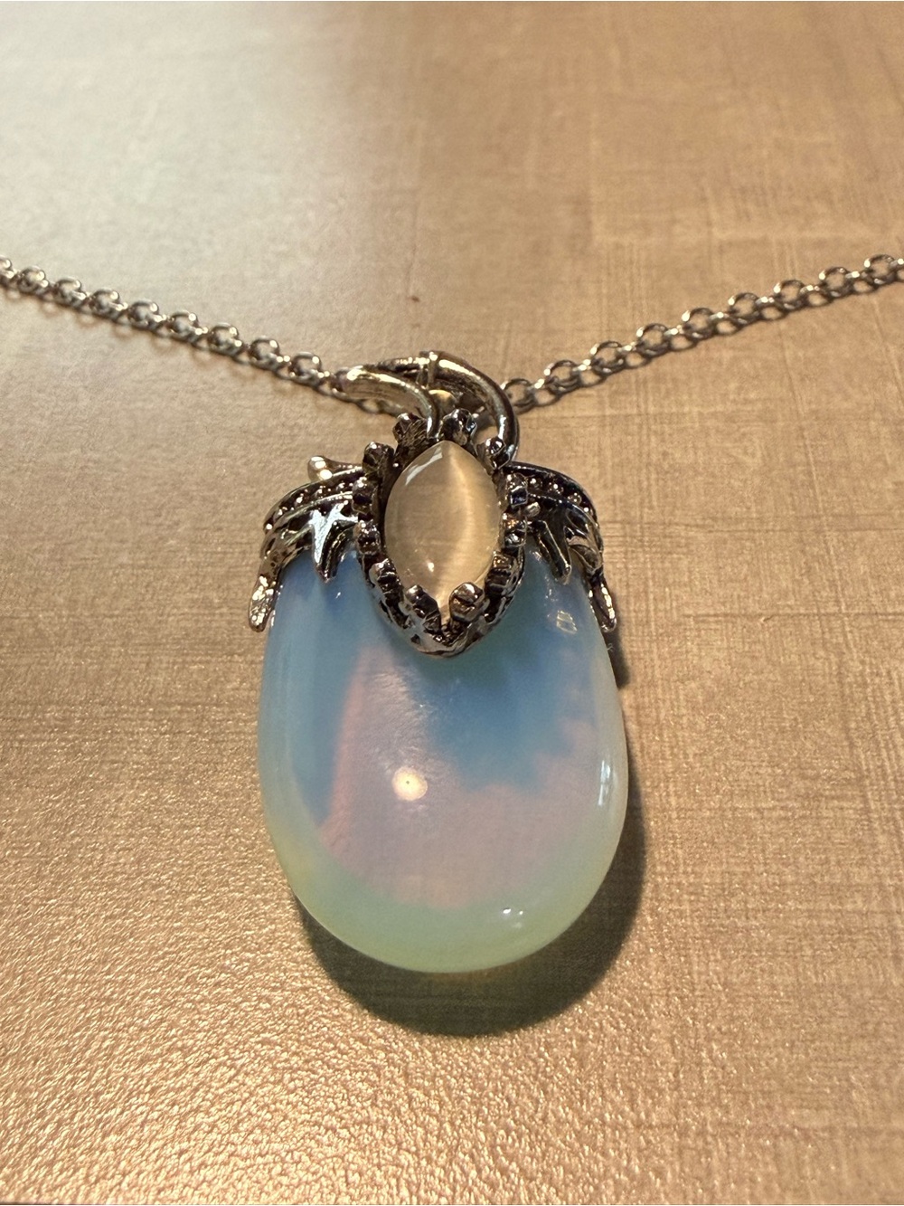 Handmade Opalite is Teardrop Pendant Necklace - Silver-tone Setting